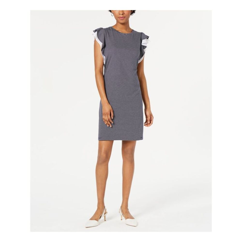 MAISON JULES Womens Black Striped Above The Knee Sheath Dress Size: XXS